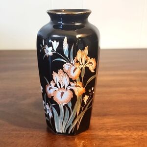 Vintage Hand Painted Japanese Fine China Vase 6" ,  Black With Flowers